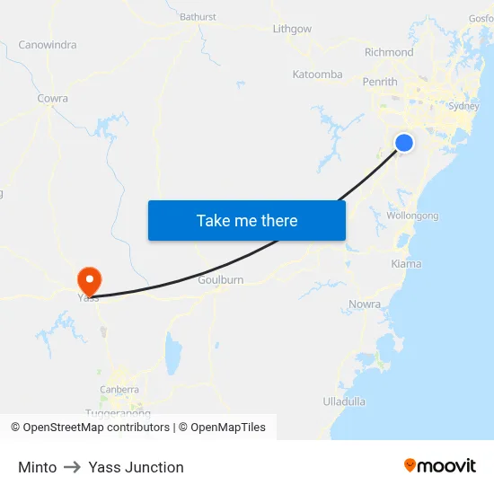 Minto to Yass Junction map