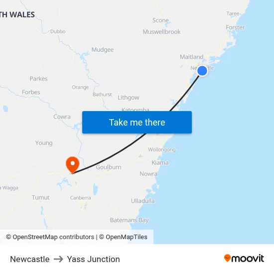 Newcastle to Yass Junction map
