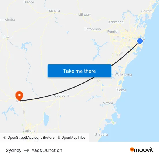 Sydney to Yass Junction map