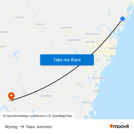 Wyong to Yass Junction map