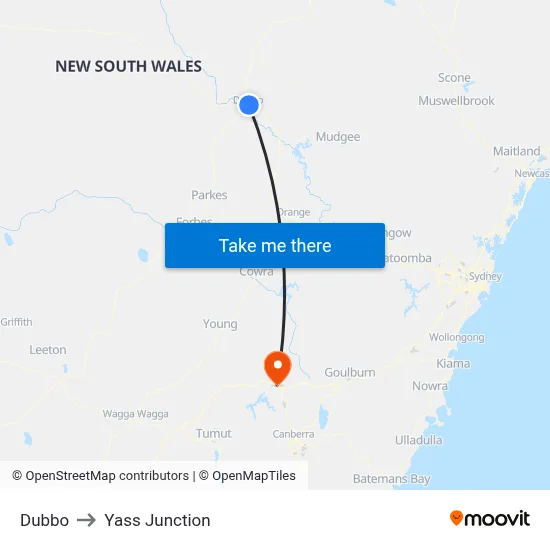 Dubbo to Yass Junction map
