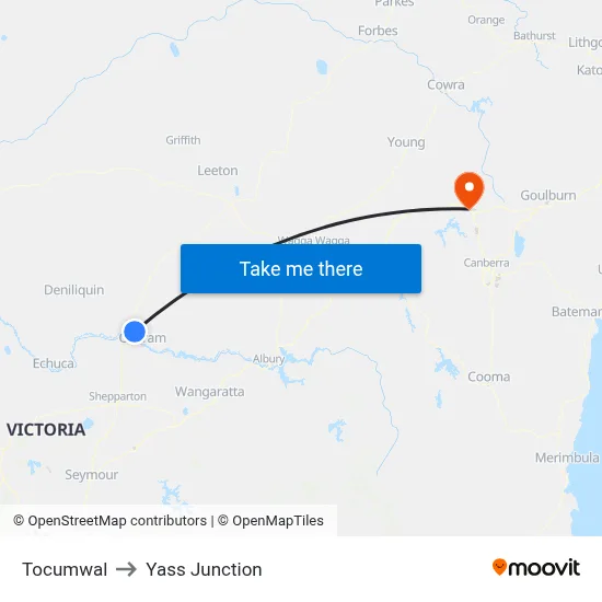 Tocumwal to Yass Junction map