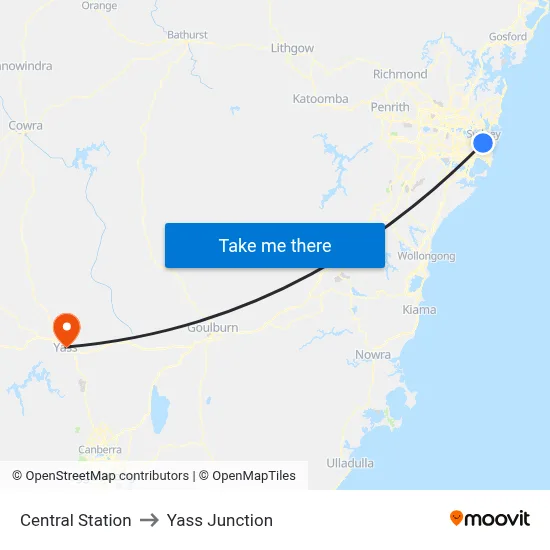 Central Station to Yass Junction map