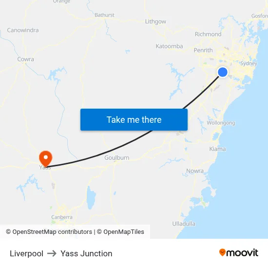 Liverpool to Yass Junction map