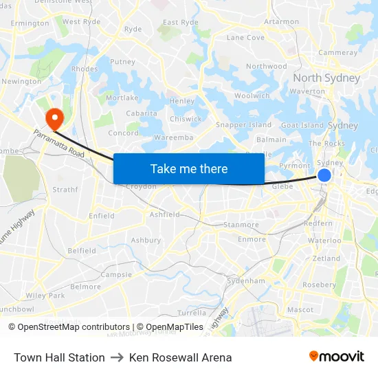 Town Hall Station to Ken Rosewall Arena map
