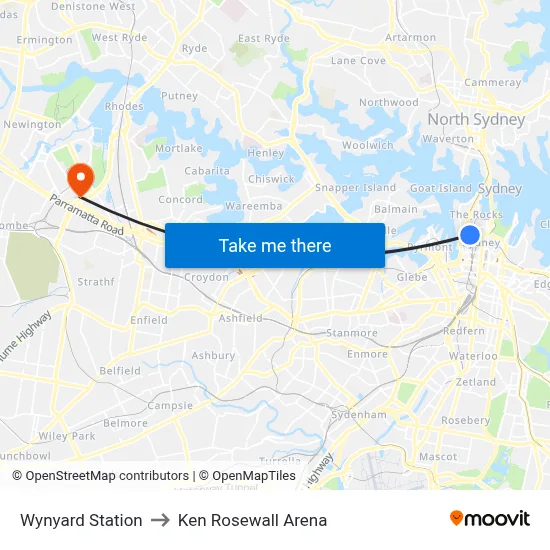 Wynyard Station to Ken Rosewall Arena map