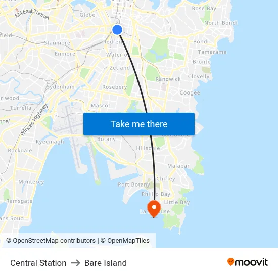 Central Station to Bare Island map