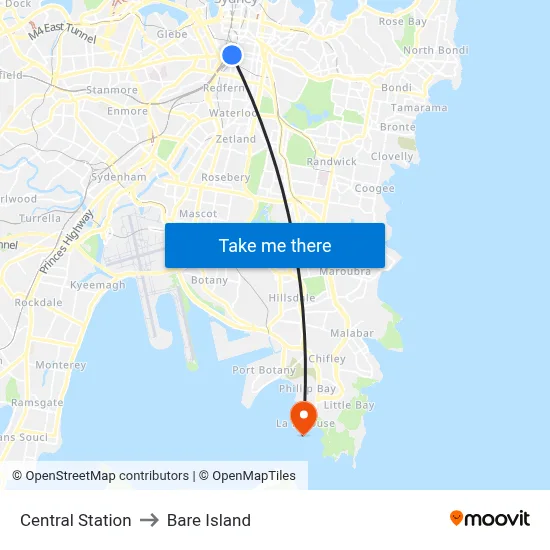 Central Station to Bare Island map