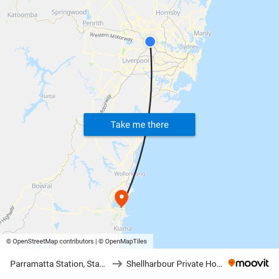 Parramatta Station, Stand A3 to Shellharbour Private Hospital map