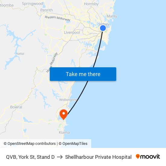 QVB, York St, Stand D to Shellharbour Private Hospital map