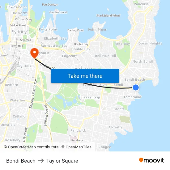 Bondi Beach to Taylor Square map
