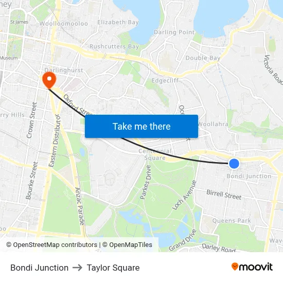 Bondi Junction to Taylor Square map