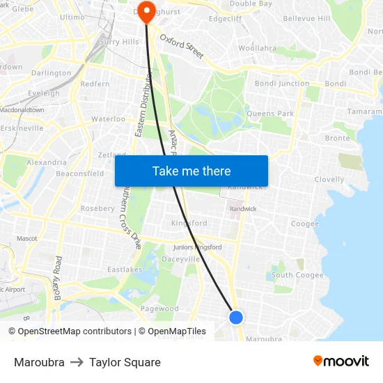 Maroubra to Taylor Square map