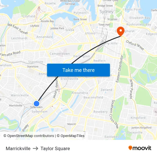 Marrickville to Taylor Square map