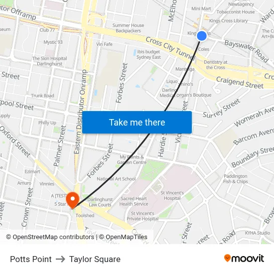 Potts Point to Taylor Square map