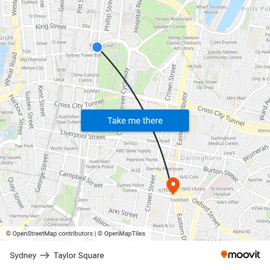Sydney to Taylor Square map