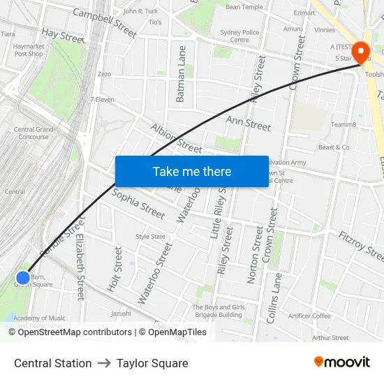 Central Station to Taylor Square map