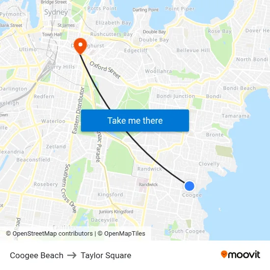 Coogee Beach to Taylor Square map