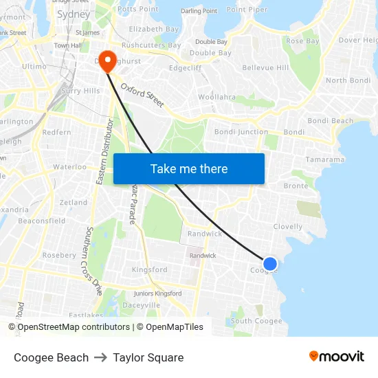 Coogee Beach to Taylor Square map