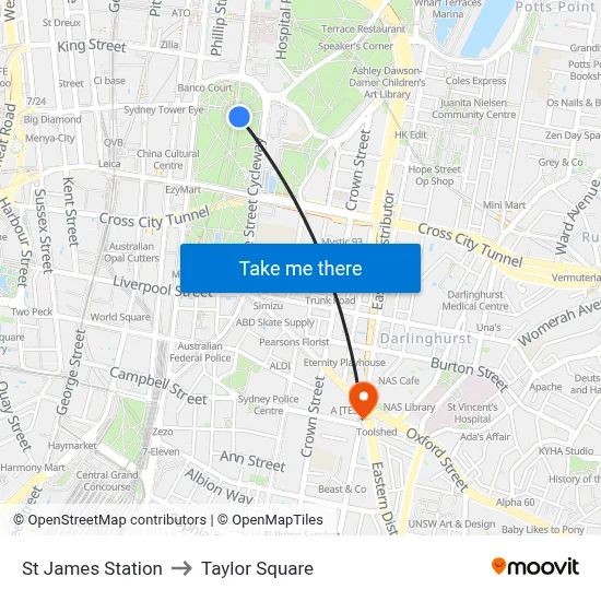 St James Station to Taylor Square map
