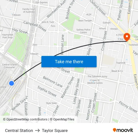 Central Station to Taylor Square map