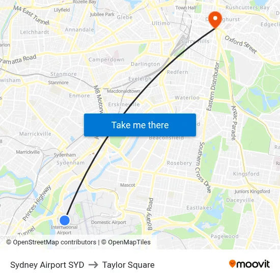 Sydney Airport SYD to Taylor Square map