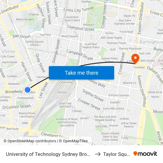 University of Technology Sydney Broadway to Taylor Square map