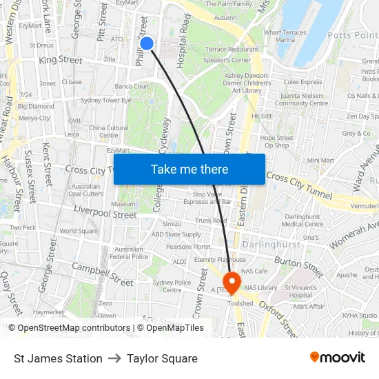 St James Station to Taylor Square map