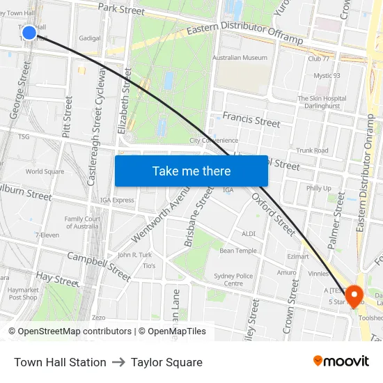 Town Hall Station to Taylor Square map
