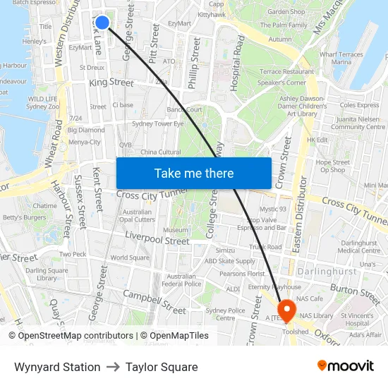 Wynyard Station to Taylor Square map
