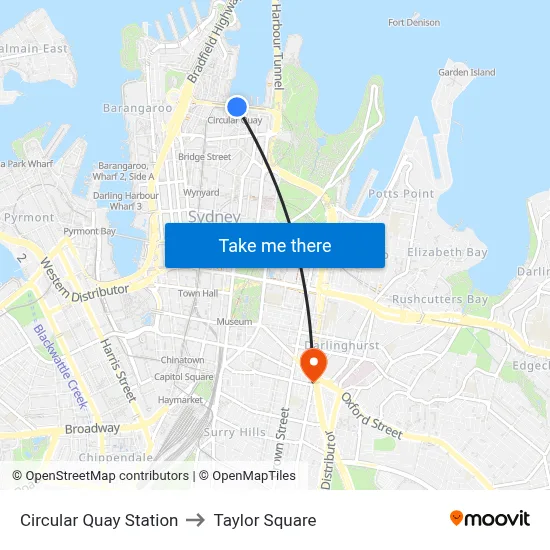 Circular Quay Station to Taylor Square map