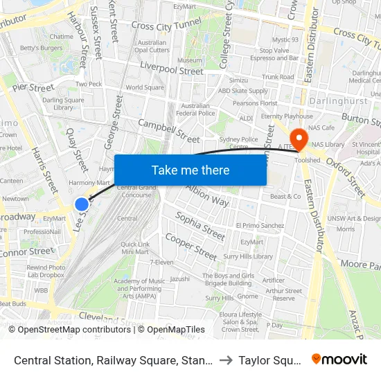 Central Station, Railway Square, Stand M to Taylor Square map