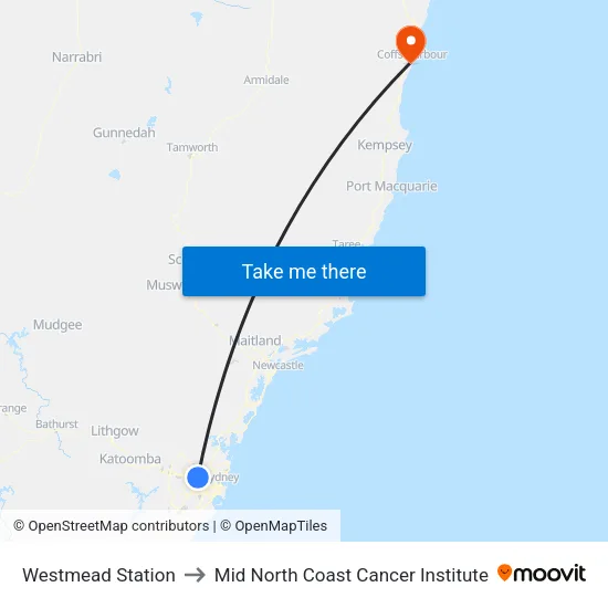 Westmead Station to Mid North Coast Cancer Institute map