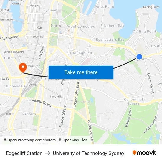Edgecliff Station to University of Technology Sydney map