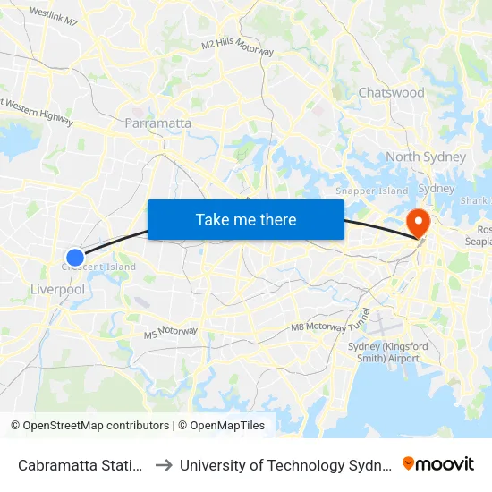 Cabramatta Station to University of Technology Sydney map