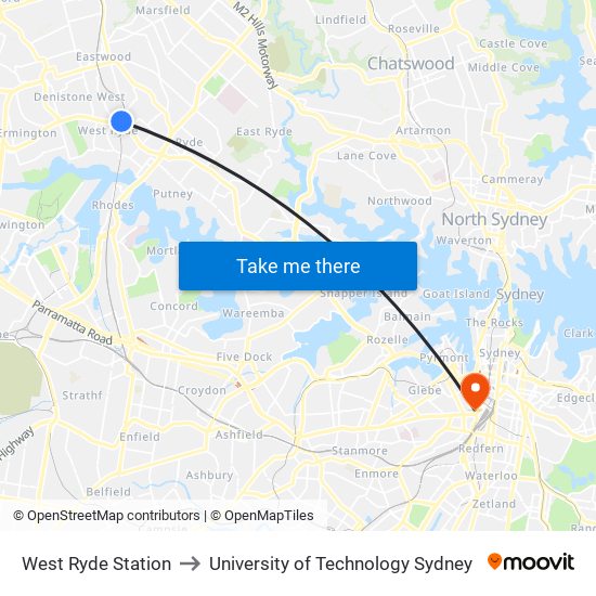 West Ryde Station to University of Technology Sydney map