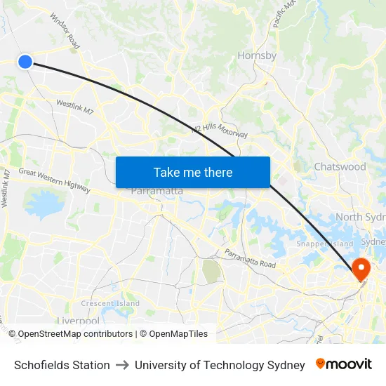 Schofields Station to University of Technology Sydney map