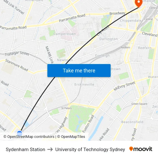 Sydenham Station to University of Technology Sydney map