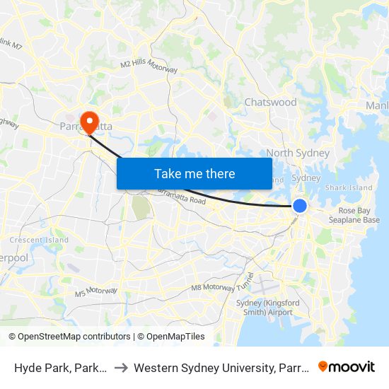 Hyde Park, Park St, Stand C to Western Sydney University, Parramatta City Campus map