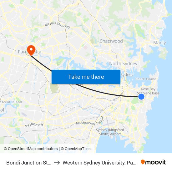 Bondi Junction Station, Stand J to Western Sydney University, Parramatta City Campus map