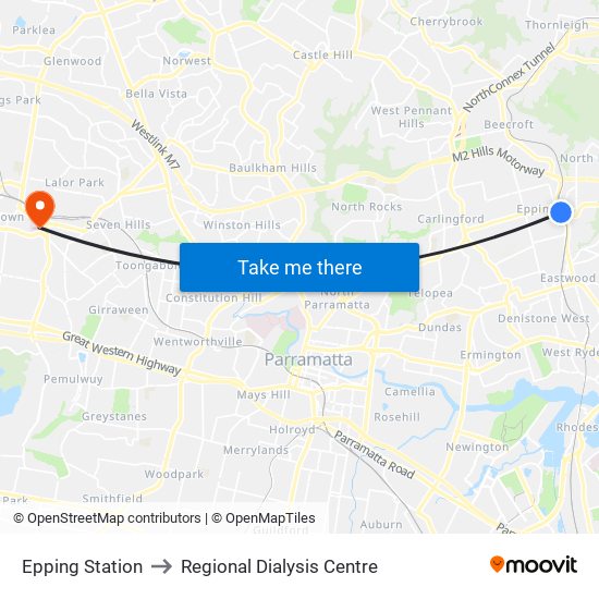 Epping Station to Regional Dialysis Centre map