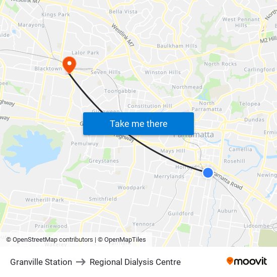 Granville Station to Regional Dialysis Centre map