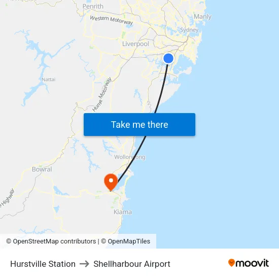 Hurstville Station to Shellharbour Airport map