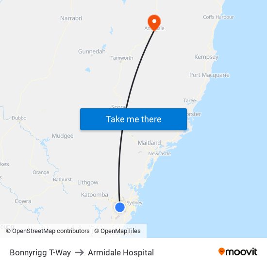 Bonnyrigg T-Way to Armidale Hospital map