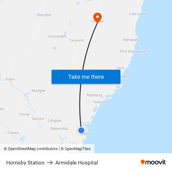 Hornsby Station to Armidale Hospital map
