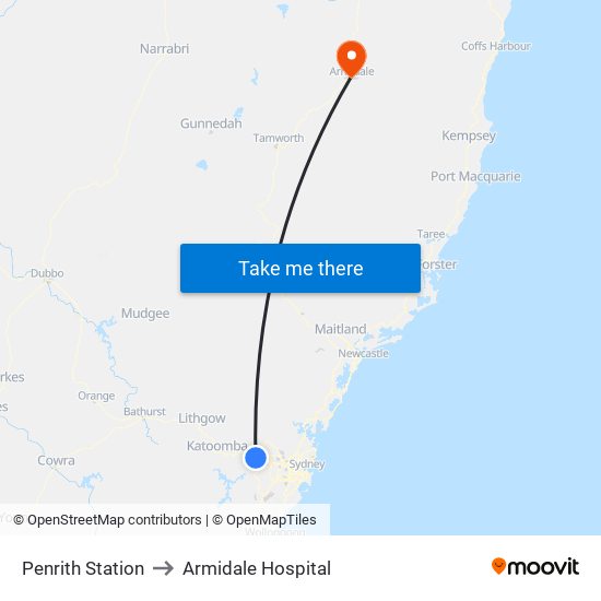 Penrith Station to Armidale Hospital map