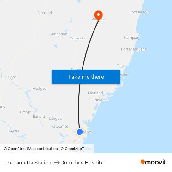 Parramatta Station to Armidale Hospital map