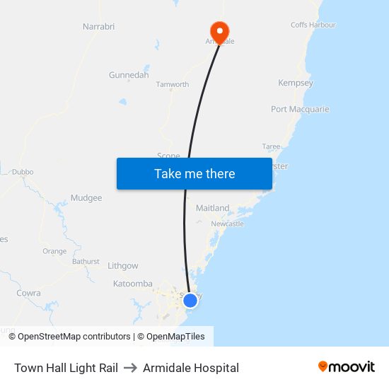 Town Hall Light Rail to Armidale Hospital map