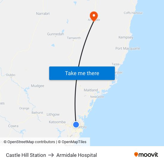 Castle Hill Station to Armidale Hospital map