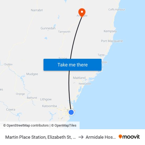 Martin Place Station, Elizabeth St, Stand E to Armidale Hospital map